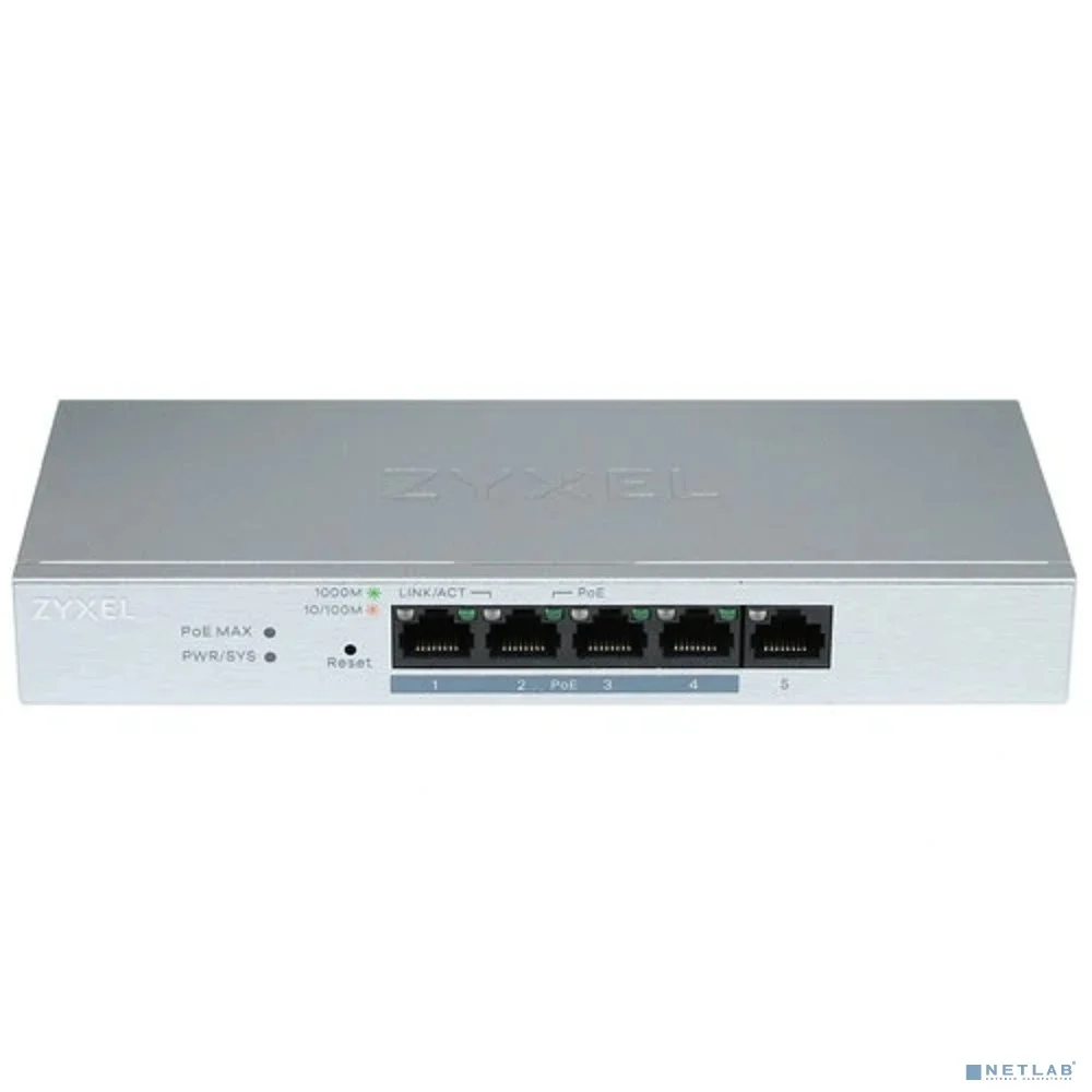 ZYXEL GS1200-5HPV2-EU0101F Smart PoE+ коммутатор GS1200-5HP v2, 5xGE (4xPoE+), настольный, бесшумный, с поддержкой VLAN, IGMP, QoS и Link Aggregation, бюджет PoE 60 Вт