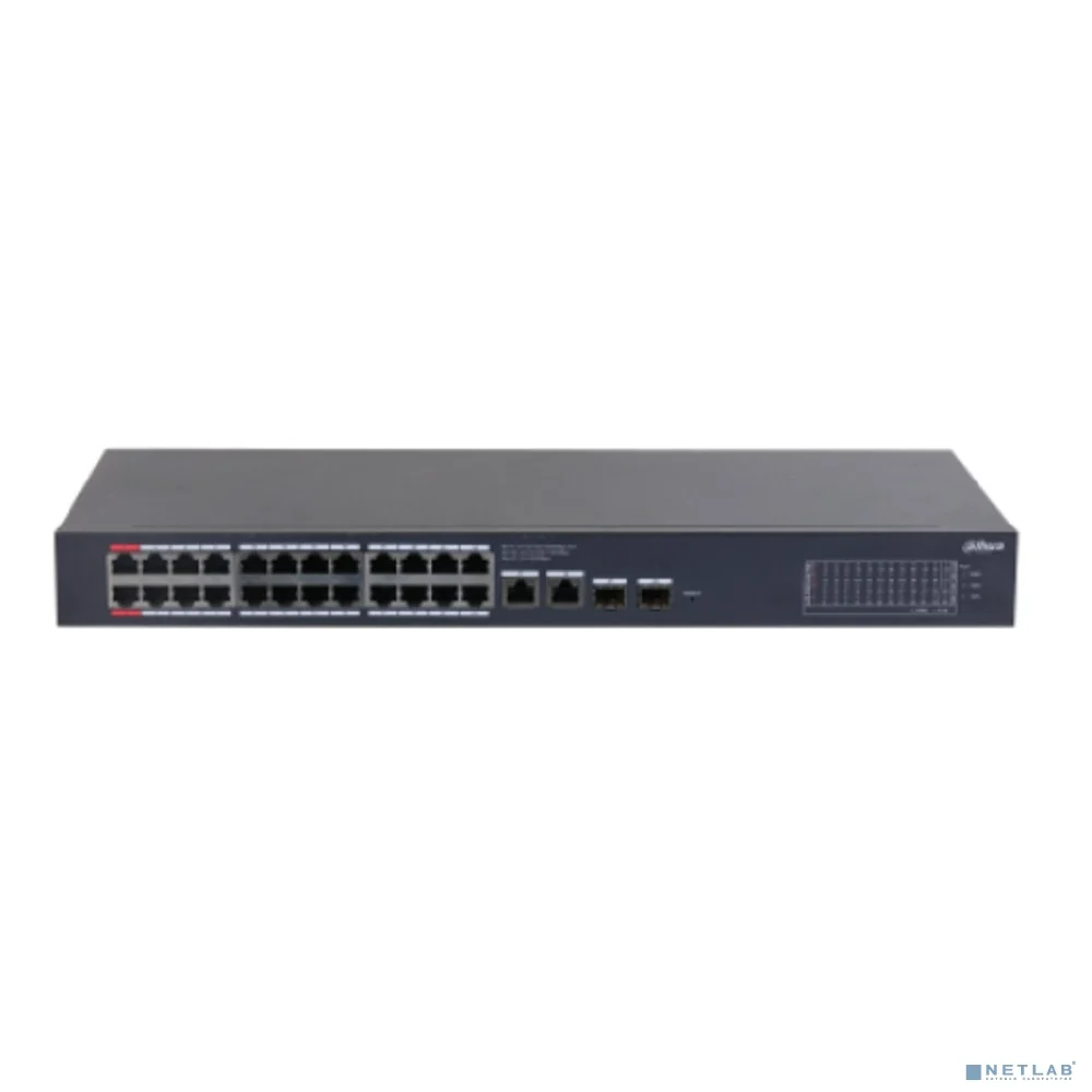 DAHUA DH-CS4228-24GT-240 24-портовый гигабитный PoE коммутатор с функцией облачного управления, 24xRJ45 1Gb PoE, 2xRJ45 1Gb uplink, 2xSFP 1Gb; суммарно 240Вт, коммутация 56 Гбит/с, MAC-таблица 8К