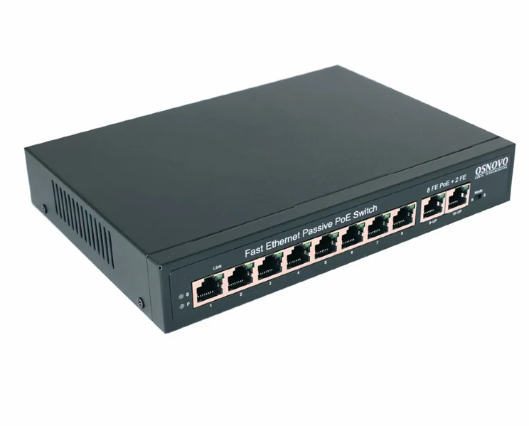 PoE Коммутатор OSNOVO SW-21000/A(120W) Passive PoE коммутатор Fast Ethernet на 10 портов. Порты: 8 х FE (10/100 Base-T, 52V 4,5(+) 7,8(–)) совместимы с PoE (IEEE 802.3af/at), 2 x FE (10/100 Base-T) Uplink. Совместим