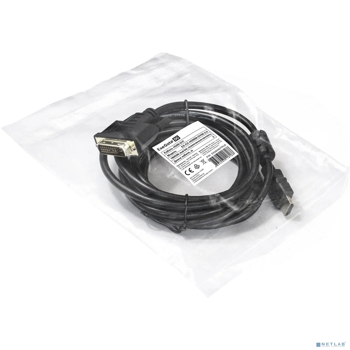 Exegate EX284907RUS Кабель HDMI-DVI ExeGate EX-CC-HDMIM-DVIM-3.0 (19M/25M, dual link, 3м, 2 фильтра, позолоченные контакты)