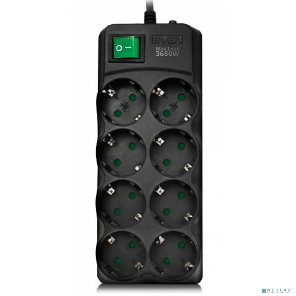 SVEN Фильтр SF-08E-16 5,0 м (8 розеток с защитными шторками,16А) черный, цветная коробка [SV-021726]