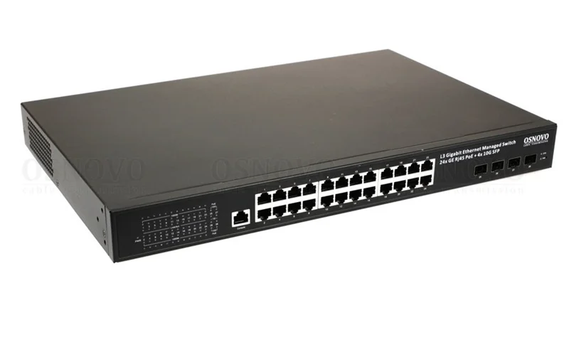PoE Коммутатор OSNOVO SW-24G4X-1L Управляемый L3 PoE коммутатор на 24xGE RJ-45 c PoE + 4х10G SFP+ порта. Порты: 2 x GE (10/100/1000 Base-T) с PoE (до 90W, A+B) + 22 x GE (10/100/1000 Base-T)  с PoE (до 30W), 4 x 1G/