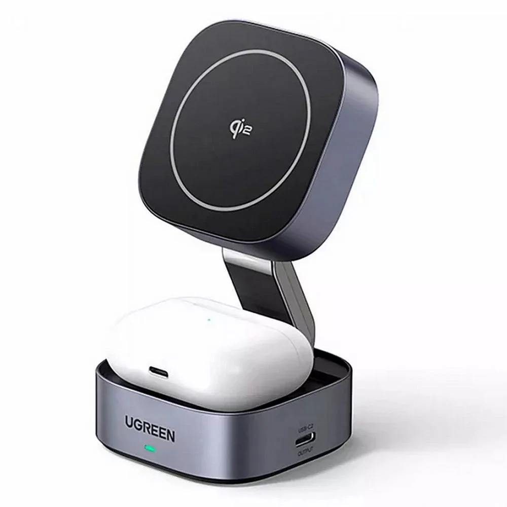 Зарядное устройство магнитное беспроводное 2-в-1 UGREEN W702 (35316) 2-in-1 Magnetic Wireless Charge for Iphone&AirPods 15W Qi2. Цвет: серый космос