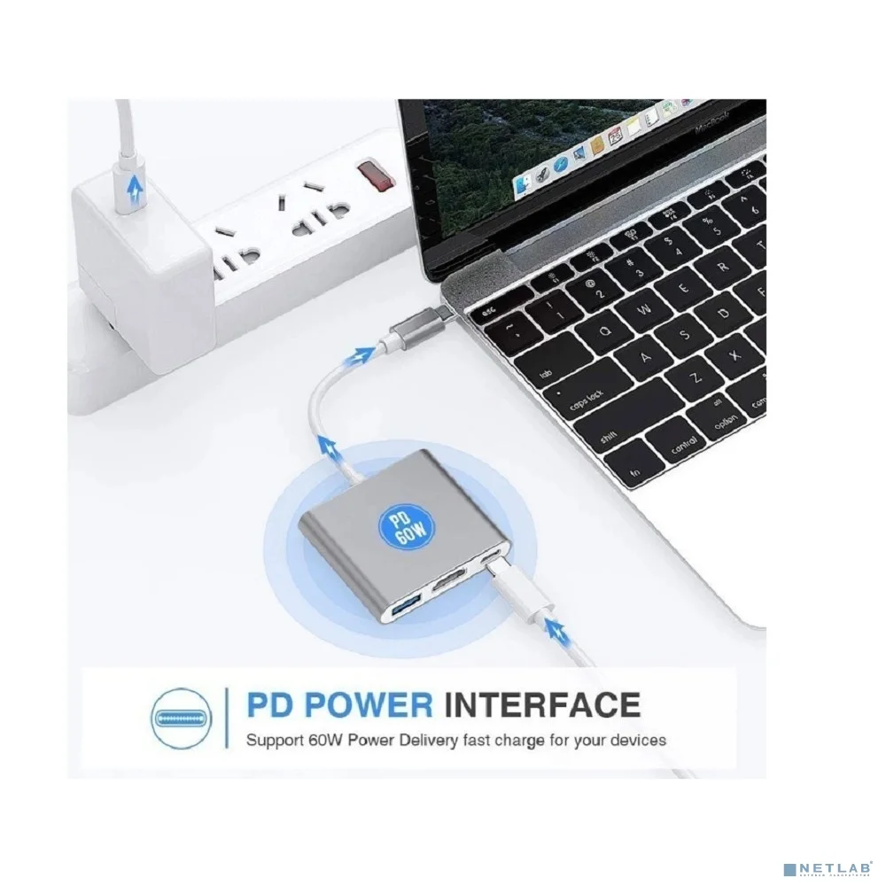 ORIENT Кабель-адаптер C028, USB3.1 Type-C (DisplayPort Alt mode) -> HDMI+USB 3.0+PD(Type-C), 4K@30Hz, 0.15 метра, серебристый (31062)