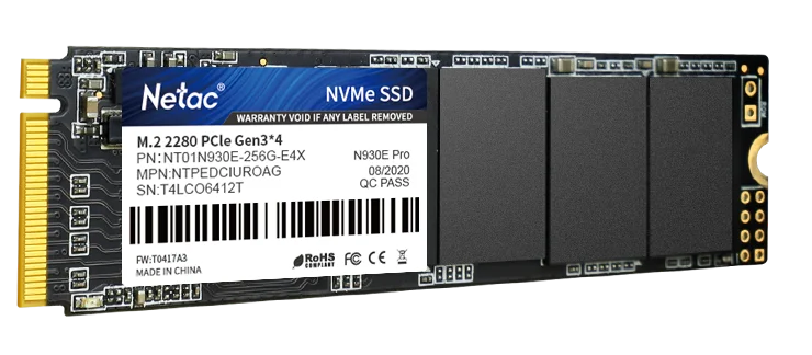 SSD накопитель Netac SSD N930E Pro 256GB PCIe 3 x4 M.2 2280 NVMe 3D NAND, R/W up to 2040/1270MB/s, IOPS(R4K) 150K/180K, TBW 150TB, 3y wty 3