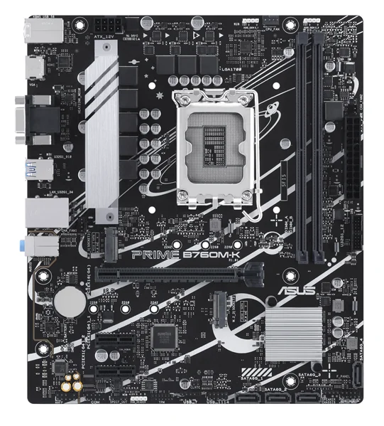 ASUS PRIME B760M-K (Socket 1700, mATX, 2xDDR5(96GB), VGA/HDMI 2.1, 1xPCIe 4.0x16/2xPCIe 4.0, 1xLAN (2.5GbE), 4xSATA 6Gb/s, 2xM.2, 4xUSB 3.2, 2xUSB 2.0, 1xPS/2)