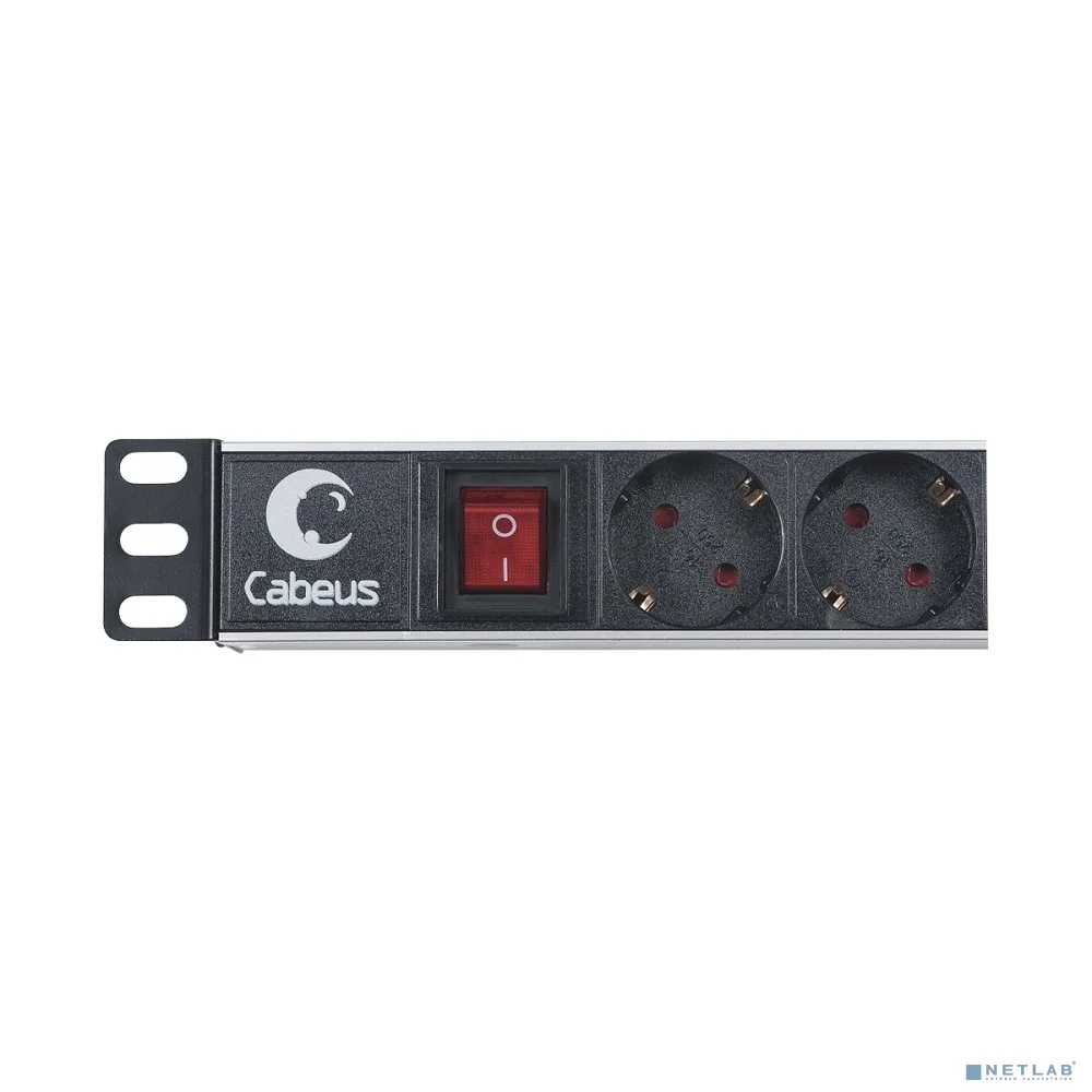 Cabeus PDU-8P Блок евророзеток для 19" шкафов, горизонтальный, 8 розеток, 10 A, выключатель, гнездо под шнур, алюминиевый корпус