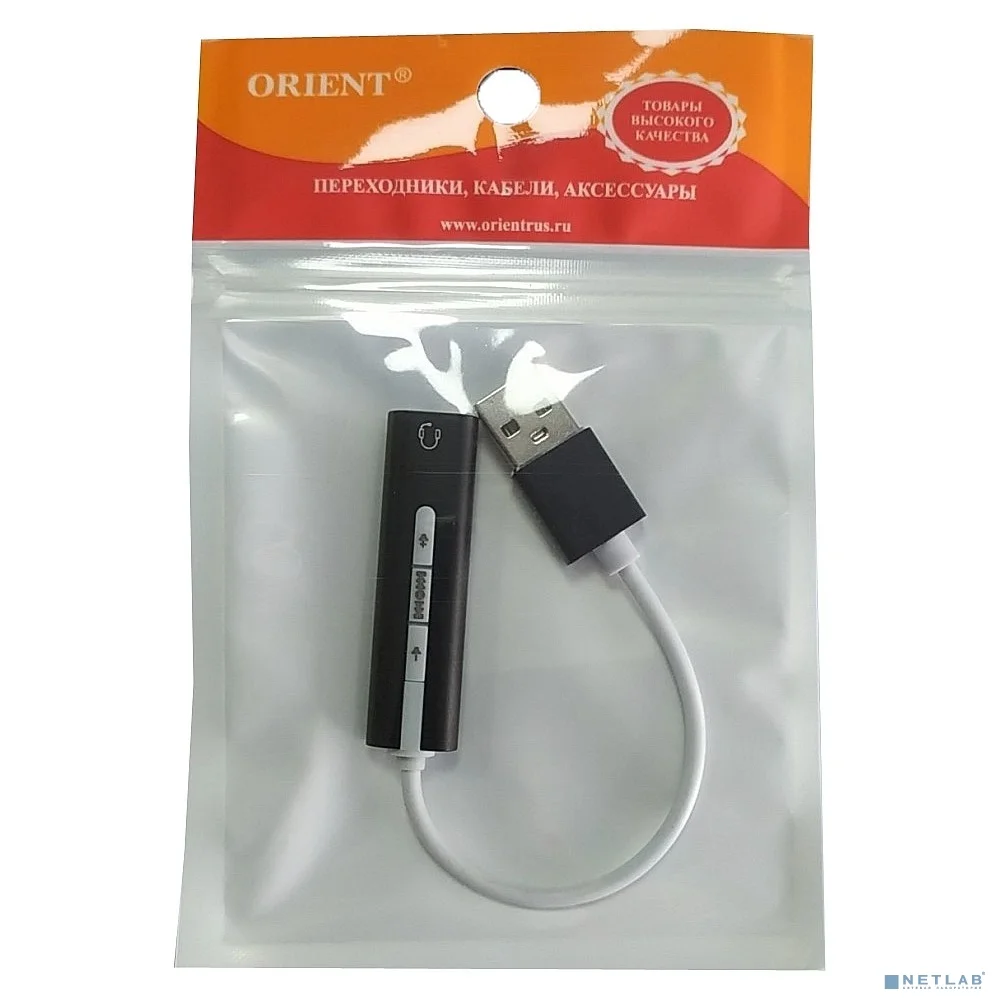 ORIENT AU-04PLB, Адаптер USB to Audio (звуковая карта), jack 3.5 mm (4-pole) для подключения телефонной гарнитуры к порту USB, кнопки: громкость +/-, играть/пауза/вперед/назад; Windows/Linux/MAC OS