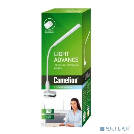 Camelion KD-793 C02 чёрный LED (Свет-к настол.,6 Вт,зажим-струбцина,230В,сенс.вкл-е,4 ур.ярк,4000К)