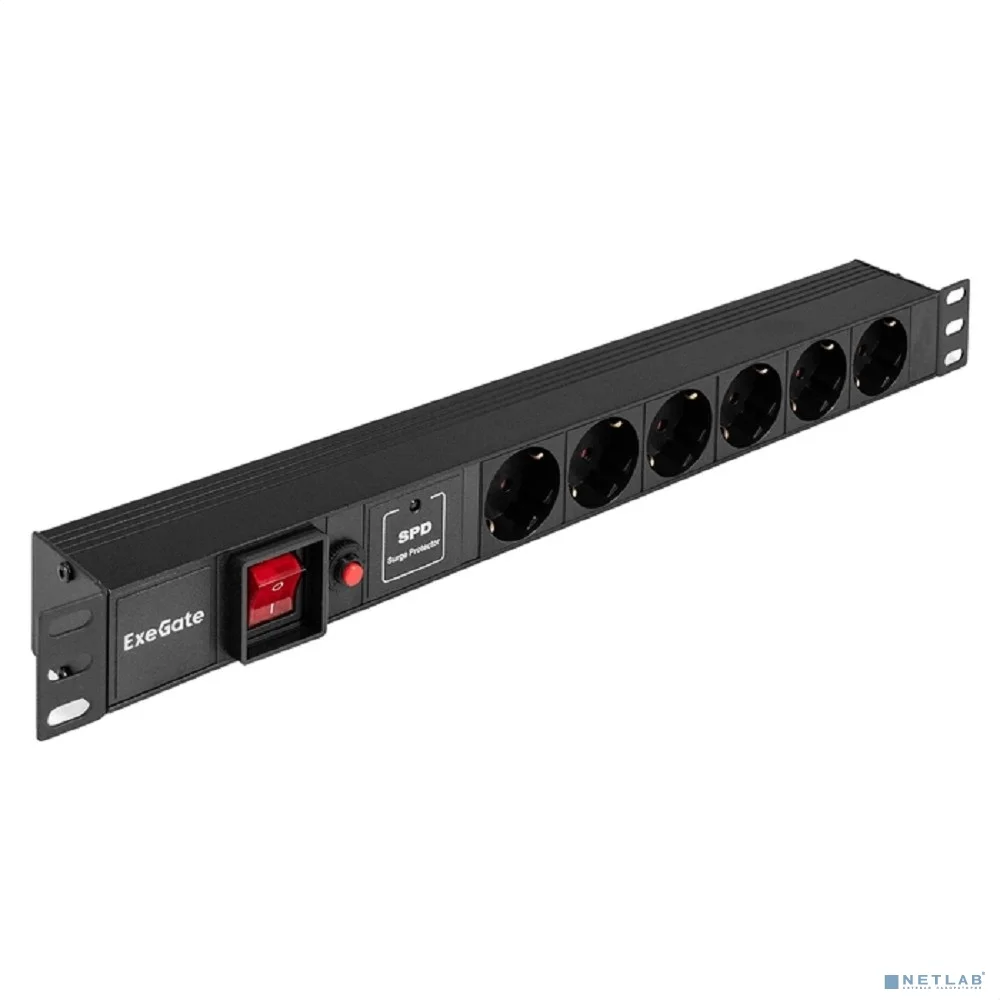Exegate EX299606RUS Блок розеток с сетевым фильтром (Surge Protect), защитой от перегрузки, выключателем с подсветкой и разъемом подключения C14 ExeGate ServerPro PDU-19H605 Al-6S-C14-SW-O-SPD1 (19",
