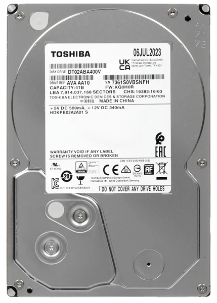 Жесткий диск Toshiba Surveillance HDD 3.5" SATA 4Tb, 5400rpm, 128MB buffer, 512e, SMR, DT02ABA400V, 1 year