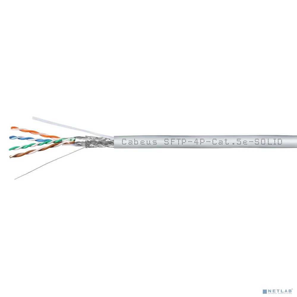 Cabeus SFTP-4P-Cat.5e-SOLID-GY Кабель витая пара экранированная SFTP (SF/UTP), категория 5e, 4 пары (24 AWG), одножильный (305 м), PVC нг(А)-LS