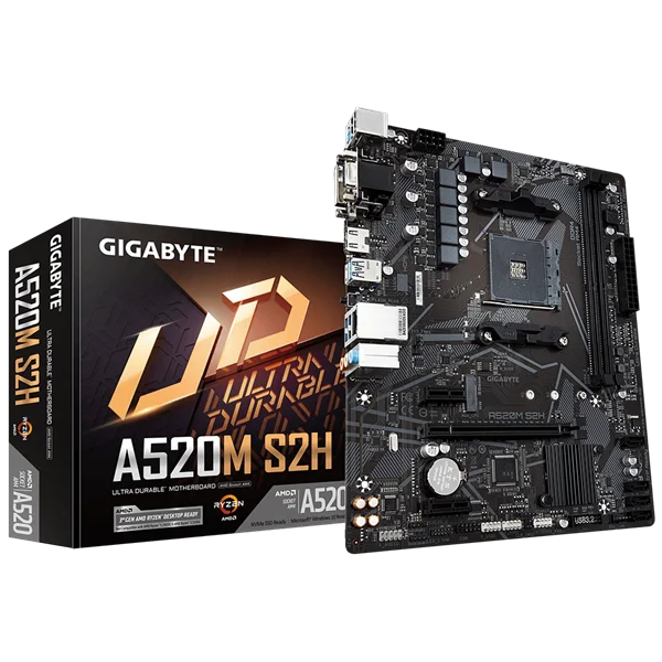 Мат. плата GIGABYTE A520M S2H, AM4, A520, 2*DDR4, 4*SATA, 1*M.2, 4*USB 3.2, 2*USB 2.0, 1*PCIx16, 2*PCIx1, D-Sub+HDMI+DVI, mATX