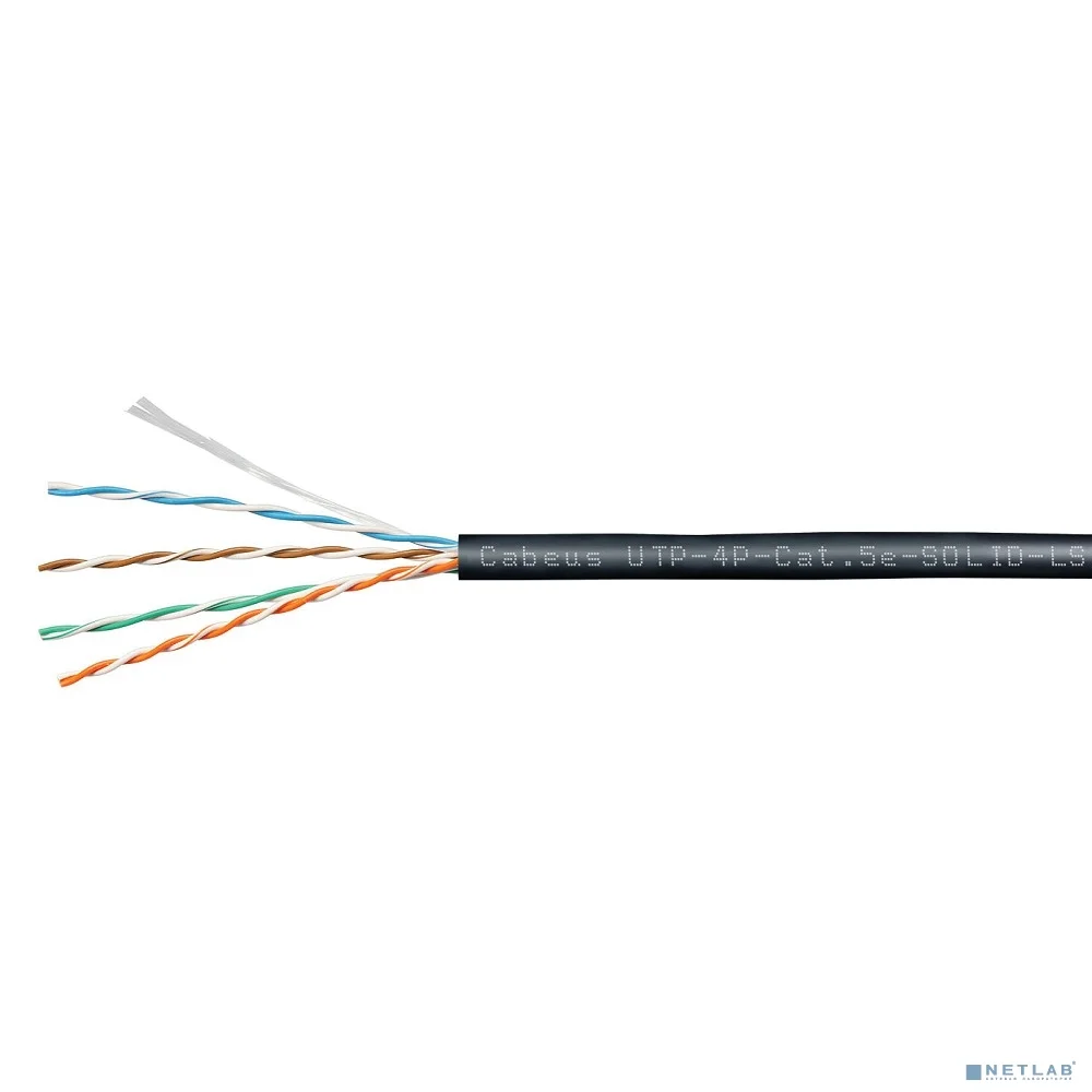 Cabeus UTP-4P-Cat.5e-SOLID-LSZH-BK Кабель витая пара UTP (U/UTP), категория 5e, 4 пары (24 AWG), одножильный, черный, LSZH, нг(А)-HF, (305 м), системная гарантия 25 лет.