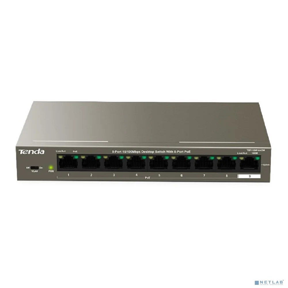 Повреждение упаковки TENDA TEF1109P-8-63W Коммутатор настольный 9-Ports 10/100 Base-TX 8-Ports PoE(PoE бюджет 58W)