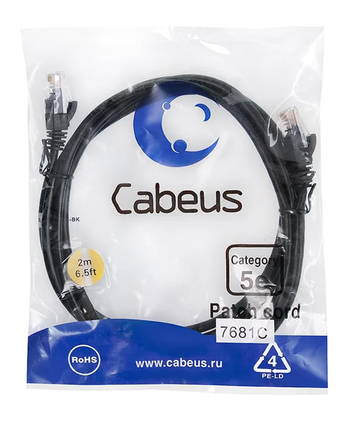 Патч-корд Cabeus PC-UTP-RJ45-Cat.5e-2m-BK Патч-корд U/UTP, категория 5е, 2xRJ45/8p8c, неэкранированный, черный, PVC, 2м