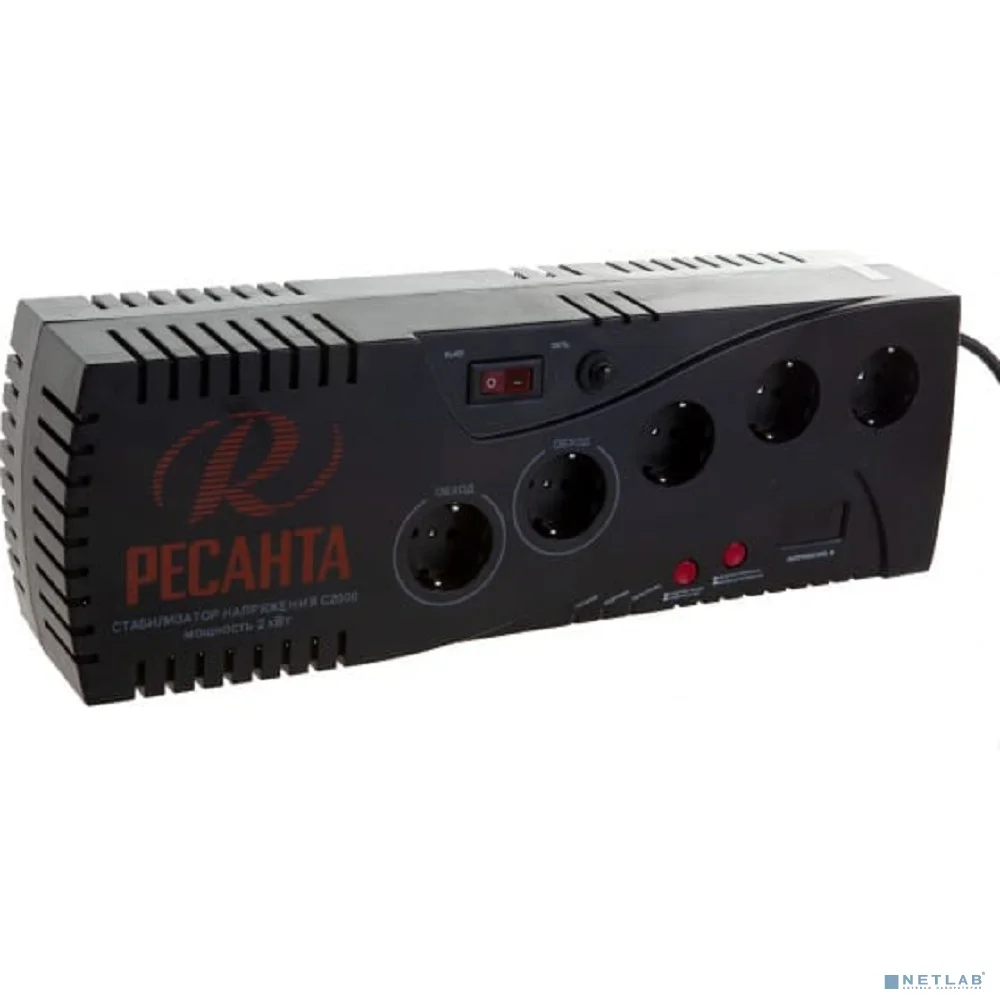 Ресанта С-2000 63/6/34 (16694) Стабилизатор {5 розеток -(3/2), 2000 Вт, 220В±8% + защита RJ11, Вес 4,2 кг}