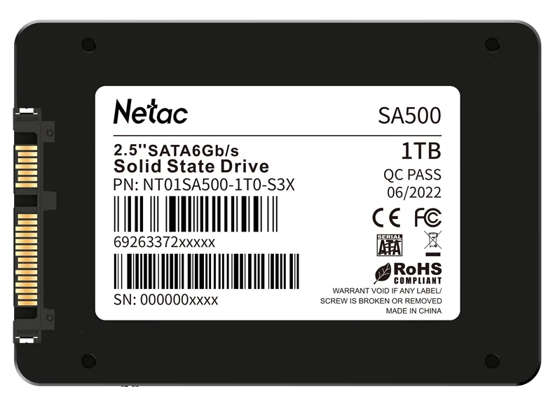 SSD накопитель Netac SSD SA500 1TB 2.5 SATAIII 3D NAND, R/W up to 530/475MB/s, TBW 480TB, 3y wty 2