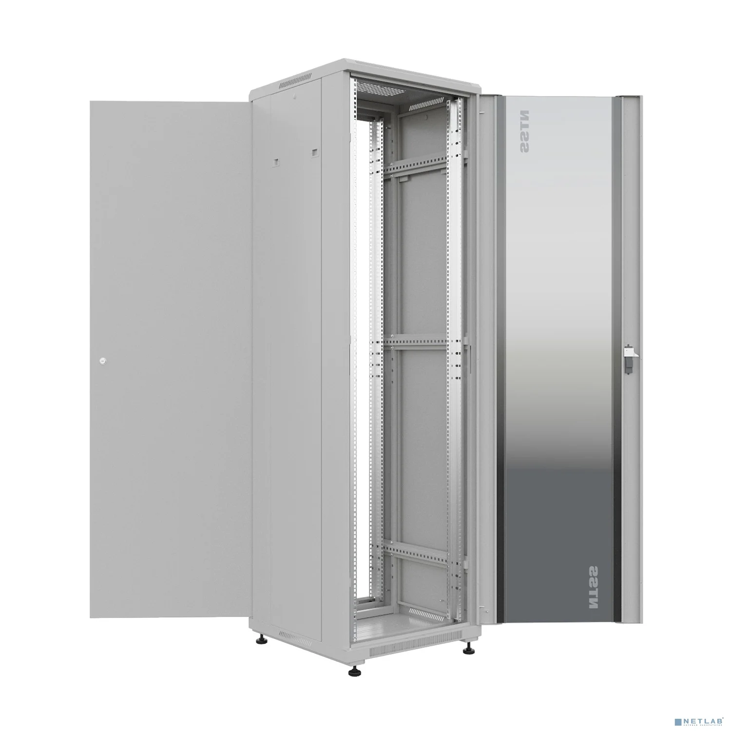NTSS Шкаф напольный универсальный серверный NTSS R 42U 600х600мм, 4 профиля 19, двери стекло и сплошная металл, боковые стенки съемные, регулируемые опоры, разобранный, серый RAL 7035 NTSS-R42U6060GS