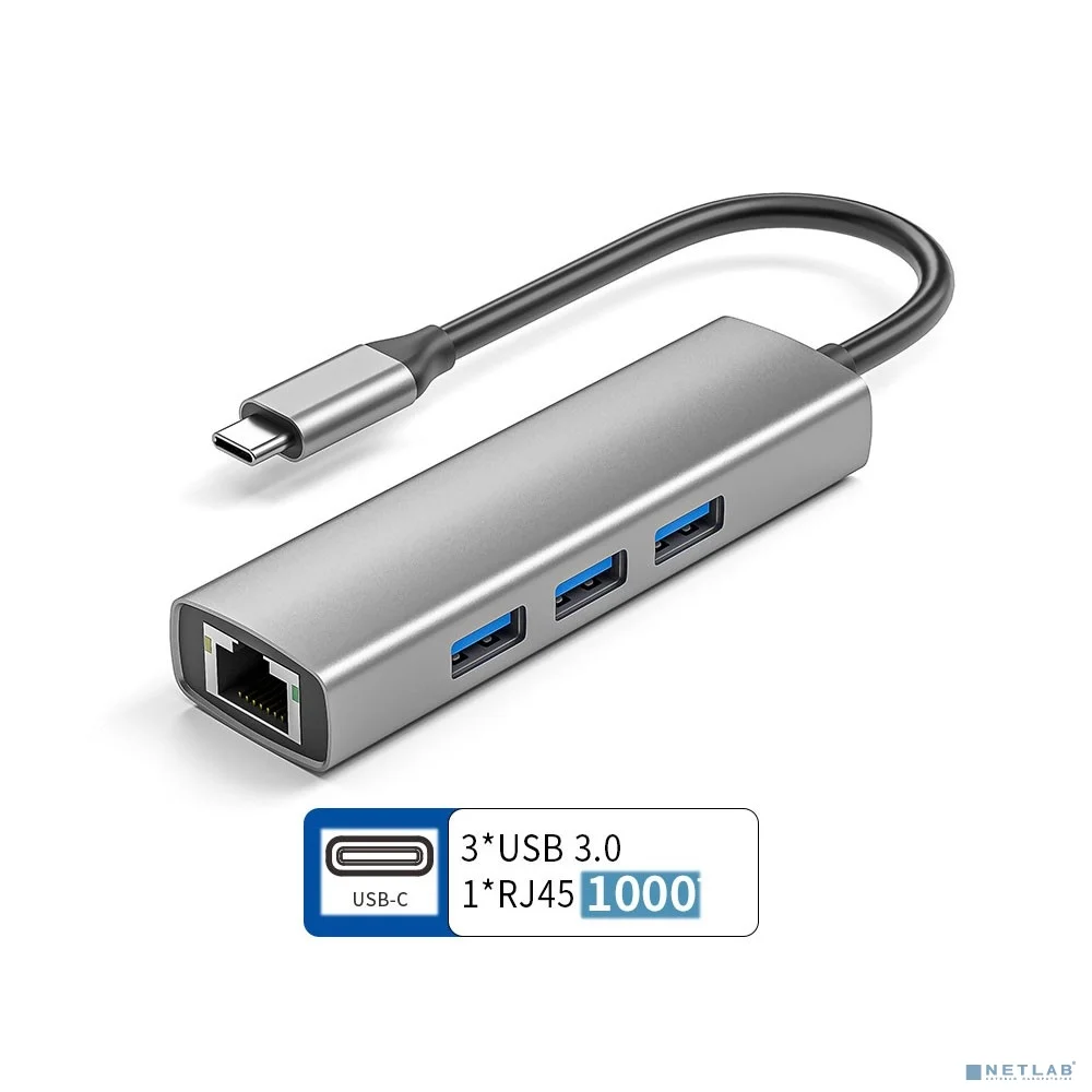 ORIENT JK-341N, Type-C разветвитель-сетевая карта USB 3.2 Gen1 (5 Гбит/c), порты: 3xUSB-A + RJ45 Gigabit Ethernet, RTL8153, 100/1000 Мбит/с, кабель USB Type-C, алюминиевый корпус, серебристый (33309)