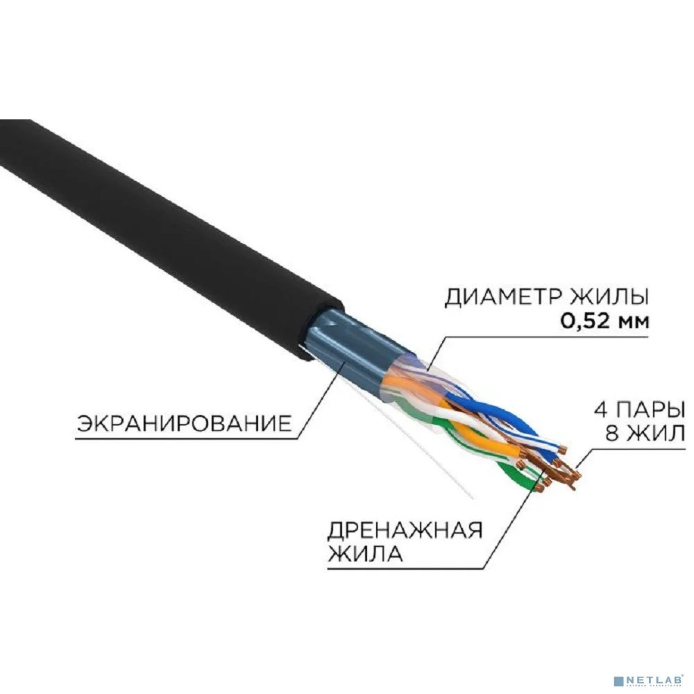 Rexant (02-0027-R) Кабель витая пара F/UTP, CAT 5e, PE, 4х2х0,52 мм, 24AWG, OUTDOOR, SOLID, черный, 305м, РФ 2