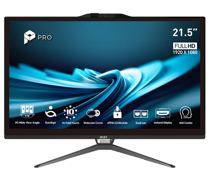 Моноблок MSI Pro AP222T 14M AiO 21,5" FHD (1920x1080) IPS Multi-touch, Core i3-14100 (3.5GHz),16Gb DDR5(8GBx2),256GB SSD, TPM, Intel UHD,WiFi,BT,camera,Wired KB&mouse Eng/Rus,noOS,1y w-ty,Black