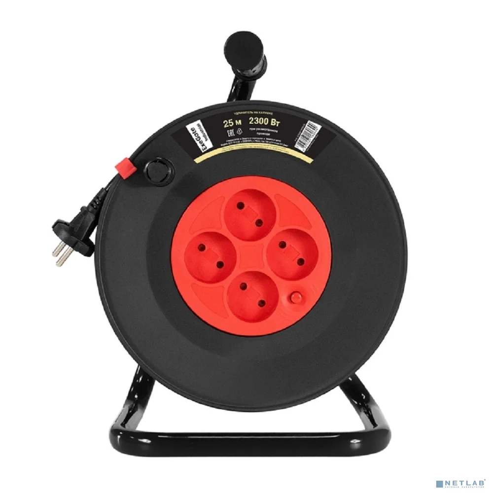 Exegate EX295744RUS Удлинитель на катушке ExeGate industrial ECS-10-2-25 (4 евророзетки, IP20, 25м, защита от детей, защита от перегрузки, 2х1,0мм2, 10А/2.3кВт)