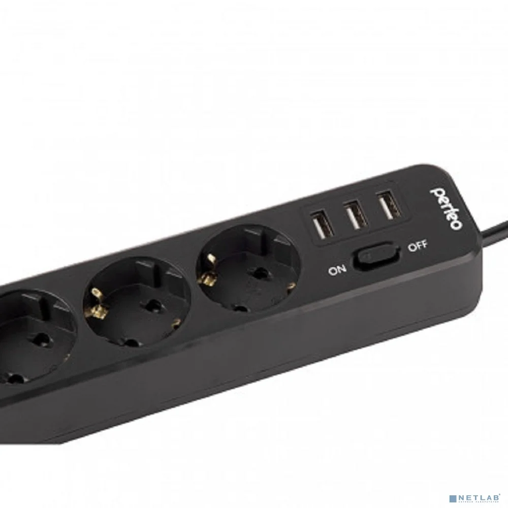 Perfeo сетевой фильтр "POWER STREAM", 2500W, двойная защита, 4м, 3 розетки, 3 USB, черный.