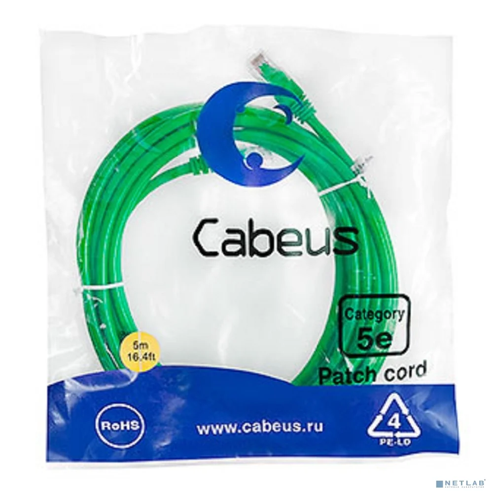 Патч-корд Cabeus PC-UTP-RJ45-Cat.5e-5m-GN-LSZH Патч-корд U/UTP, категория 5е, 2xRJ45/8p8c, неэкранированный, зеленый, LSZH, 5м