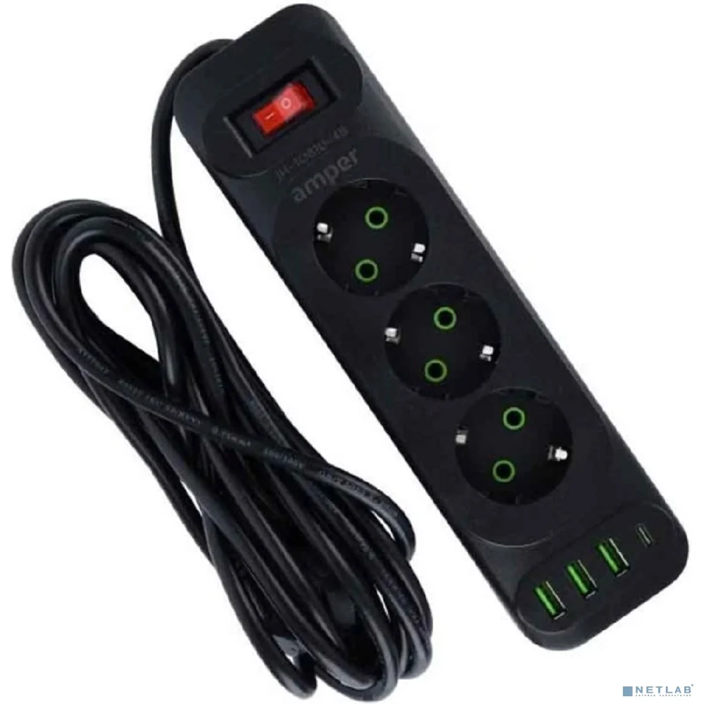 Amper сетевой удлинитель, 4,0м, 3 розетки, 10А, 2500 Вт, 3usb,1Type-C, черный.