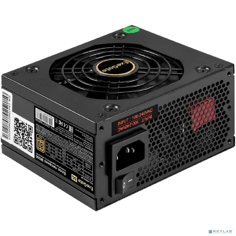 Exegate EX297192RUS Блок питания 550W ExeGate M550 GOLD (SFX, APFC, КПД 90% (80 PLUS GOLD), 9cm fan, 24pin, (4+4)pin, 2xPCI-E, 6xSATA, 3xIDE, 1xFDD, Full Cable Management, black, ATX adapter, Retail b