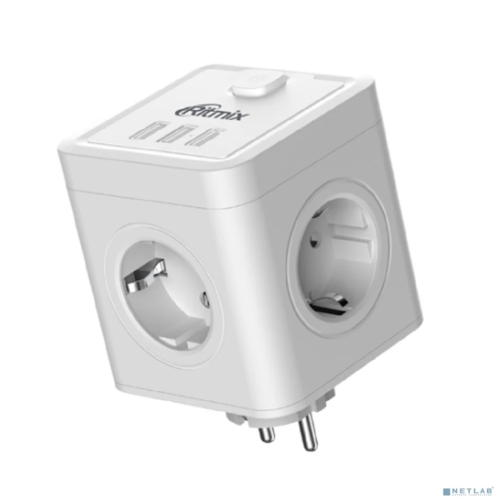 RITMIX RM-043 White Сетевой фильтр с кнопкой питания {16А, 4 розетки, 3 USB} {80003358}