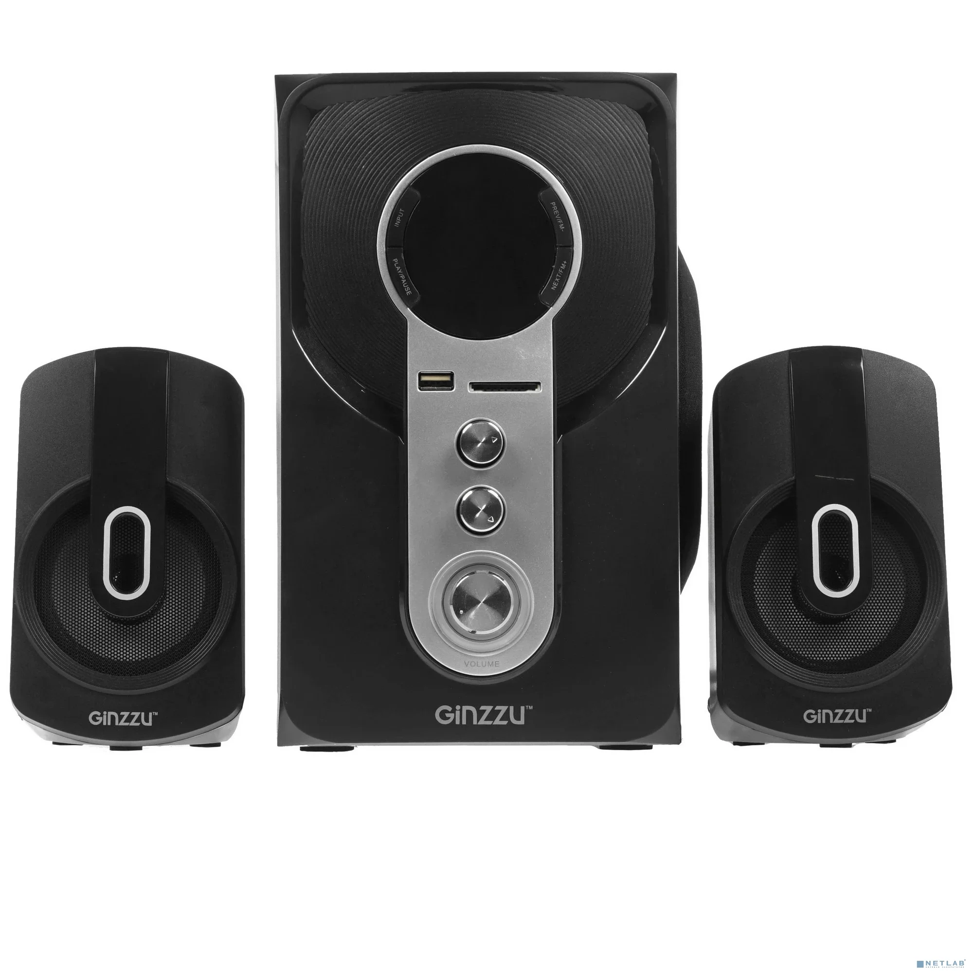 Повреждение упаковки Ginzzu GM-405 2.1 с Bluetooth, выходная мощность 20Вт + 2х10Вт, аудиоплеер USB-flash, SD-card, FM-радио, пульт ДУ - 21 кнопка, стерео вход (2RCA), эквалайзер (обыч