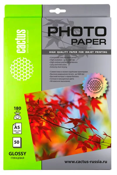 Cactus CS-GA518050 Фотобумага A5/180г/м2/50л./белый глянцевое для струйной печати