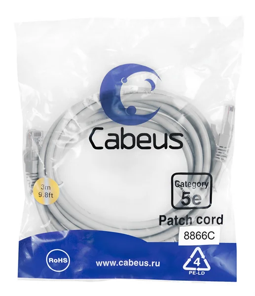 Cabeus PC-UTP-RJ45-Cat.5e-3m-LSZH Патч-корд U/UTP, категория 5е, 2xRJ45/8p8c, неэкранированный, серый, LSZH, 3м 2