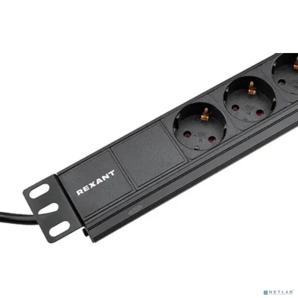 Rexant (04-0105-1) Блок распределения питания для 19" шкафов, горизонтальный, 9 розеток СЕЕ 7/4, 16A, без выкл, алюм корп, шнур 2м, вилка СЕЕ 7/7