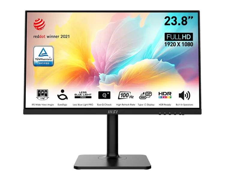 Монитор 23.8" MSI Modern MD2412P IPS, 1920x1080, 100Hz, 4ms, 300сd/m, 1000:1, HDR | HDMI(1.4), Type-C(PD-15W) | HAS, Pivot, Swivel, ExPSU, Speakers, Vesa 75, Black
