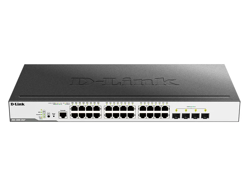 Коммутатор D-Link Управляемый L2 PoE-коммутатор, 24x1000Base-T PoE, 4x1000Base-X SFP, PoE-бюджет 193 Вт, защита от статического электричества до 6 кВ, CLI, консольный порт RJ-45, RPS, поддержка Dying Gasp