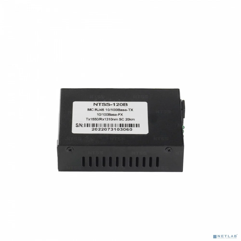 NTSS WDM медиаконвертер NTSS с RJ45 портом 10/100Base-T и 10/100Base-FX с разъемом SC, рабочая длина волны (передача/прием) 1550/1310 нм, SM, дальность до 20 км, DC 5В 2A NTSS-120B