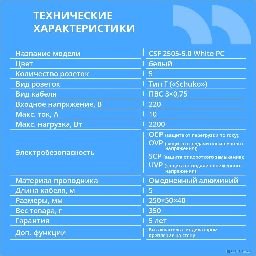 CBR Сетевой фильтр CSF 2505-5.0 White PC, 5 евророзеток, длина кабеля 5 метров, цвет белый (пакет)