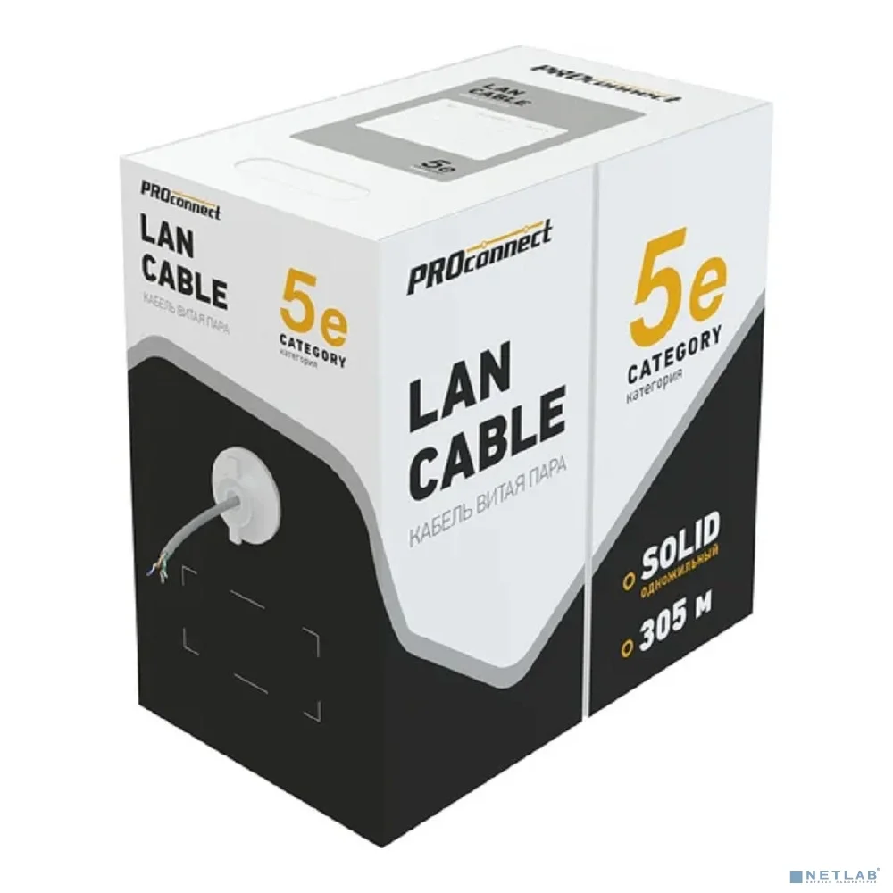 PROconnect (01-0022-3) Кабель витая пара омедненный U/UTP, CCA, CAT 5e, PVC, 2PR, 24AWG, INDOOR, SOLID, серый, 305м