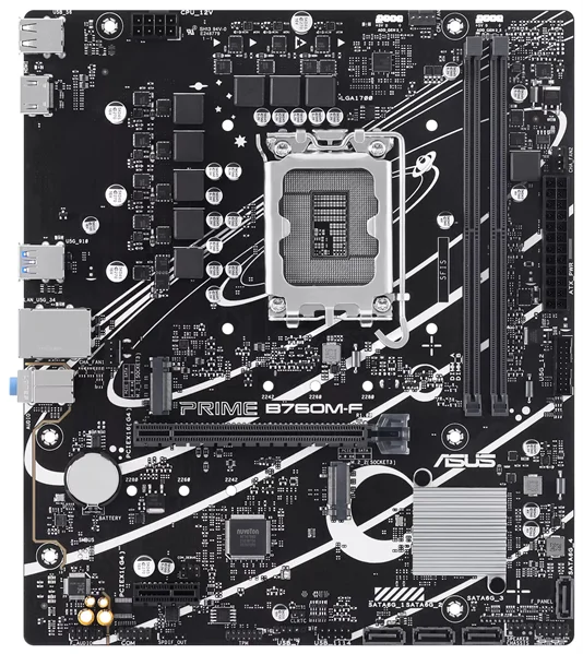 ASUS PRIME B760M-F (Socket 1700, mATX, 2xDDR5(96GB), HDMI 2.1, 1xPCIe 4.0x16/1xPCIe 4.0, 1xLAN (1GbE), 4xSATA 6Gb/s, 2xM.2, 4xUSB 3.2, 2xUSB 2.0)