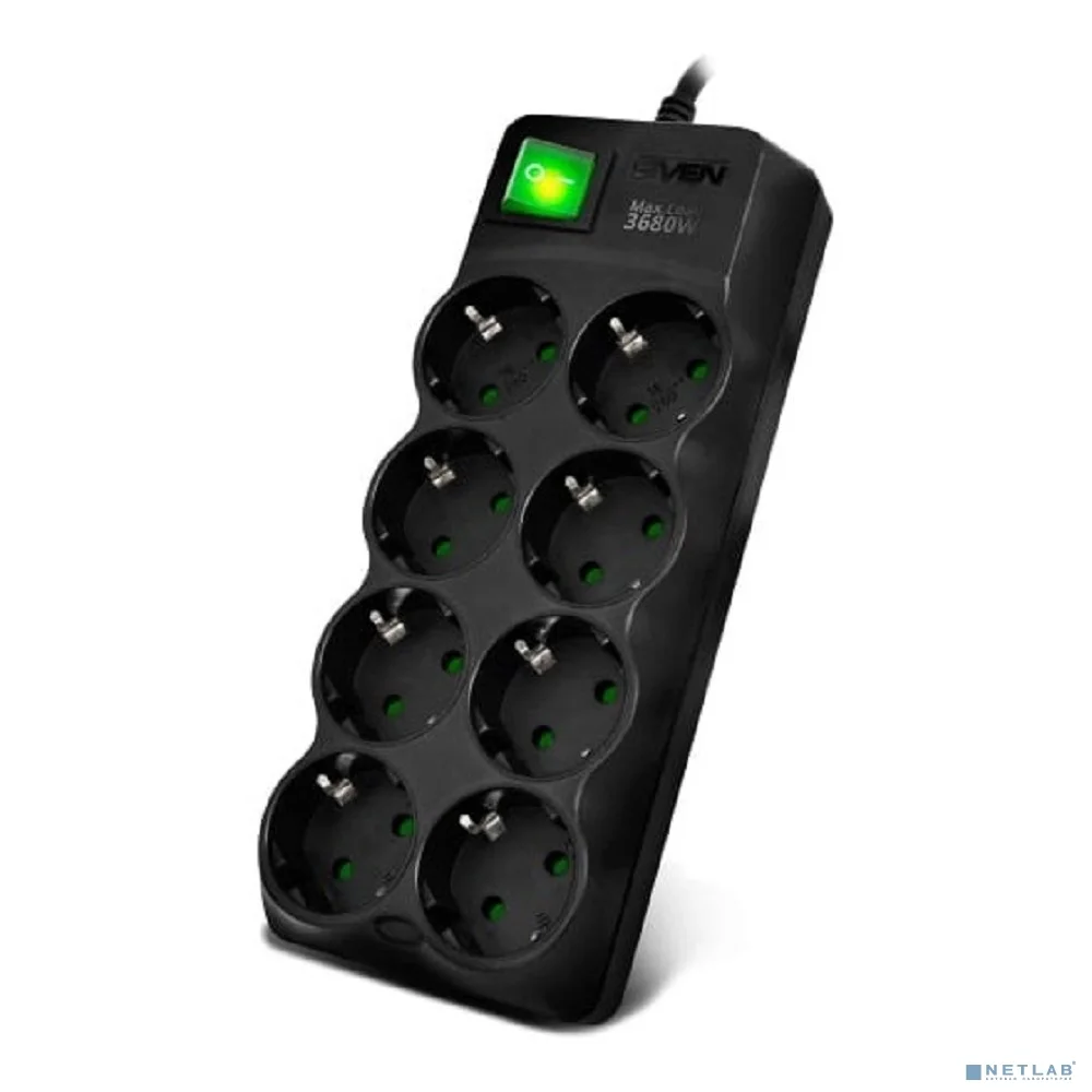 SVEN Фильтр SF-08E-16 5,0 м (8 розеток с защитными шторками,16А) черный, цветная коробка [SV-021726] 2