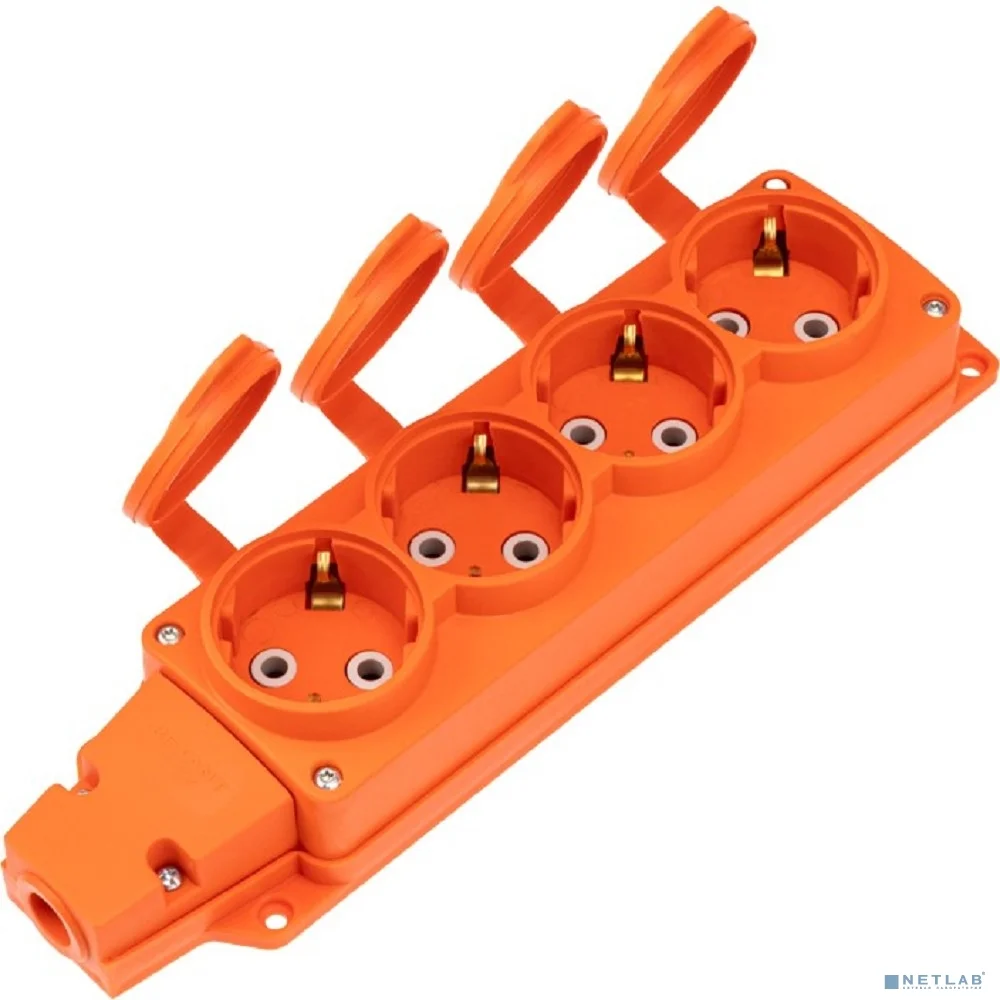 Rexant (111-228) Розетка (колодка) влагозащищенная с крышкой 4 гнезда COMPACT, с/з, 16А, IP54, каучук, оранжевая