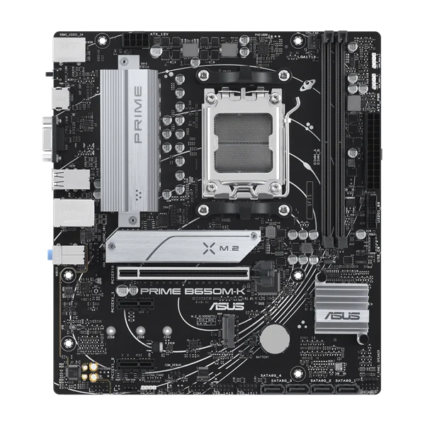 ASUS PRIME B650M-K (Socket AM5, mATX, 2xDDR5(96GB), VGA/HDMI 2.1, 1xPCIe 4.0x16/2xPCIe 4.0, 1xLAN (2.5GbE), 4xSATA 6Gb/s, 2xM.2, 4xUSB 3.2, 4xUSB 2.0, 1xPS/2)