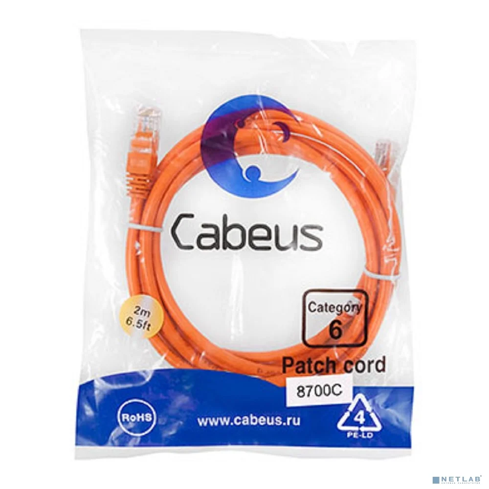 Cabeus PC-UTP-RJ45-Cat.6-2m-OR Патч-корд U/UTP, категория 6, 2xRJ45/8p8c, неэкранированный, оранжевый, PVC, 2м