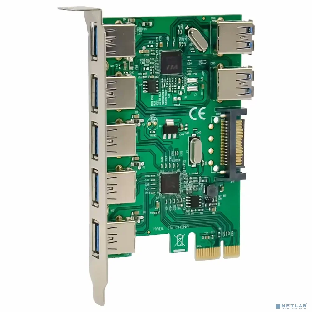 ORIENT VA-3U52PE, Контроллер PCI-Ex1, USB 3.2 Gen1 (USB 3.0), скорость до 5 Гбит/с, 5 внешних/2 внутренних порта,, VIA VL805+VL813 chipset, разъем доп.питания, oem (33268)