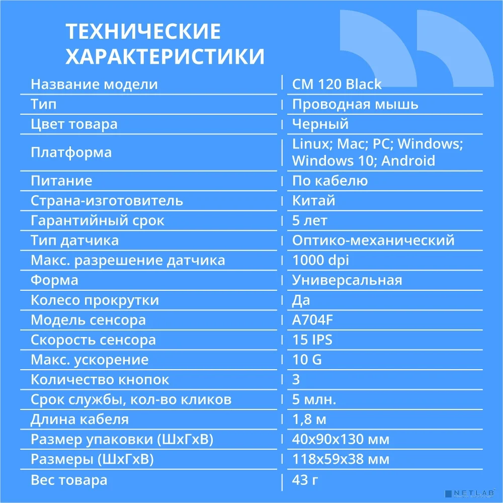 Повреждение упаковки CBR CM 120 Black USB, Мышь офисн., оптич., 1000 dpi, 3 кн., 1,8 м
