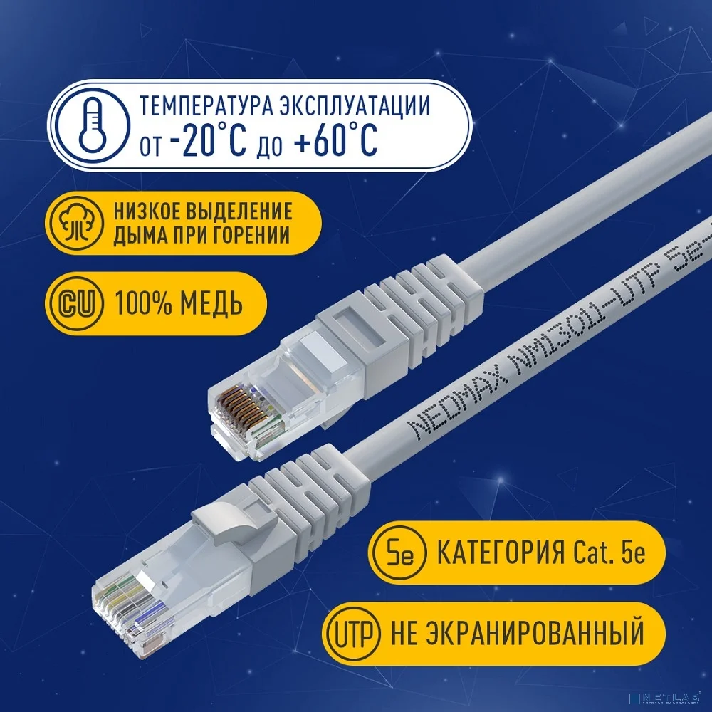 NEOMAX (NM13011-0025) Шнур коммут. UTP 0.25 м, cat.5е, 24AWG, серый, LSZH, многожильный