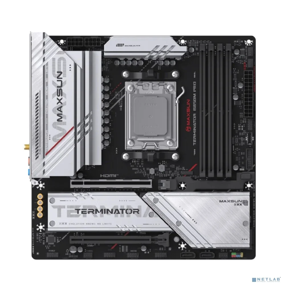MAXSUN MS-Terminator B850M PRO WIFI (Socket AM5, mATX, 4*DDR5(192Gb), DP/HDMI, 2*SATA3, 3*M.2, 1*PCIEx16/1*PCIEx4, 1* Type-C, 4*USB 2.0, 4*USB 3.2, LAN 1*2.5G, SPDIF, WiFi 6E, RTL)